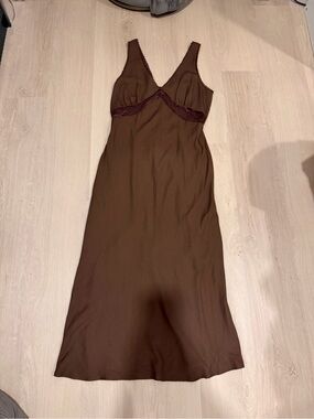 wild fable Brown V-Neck Slip Dress with Lace Trim